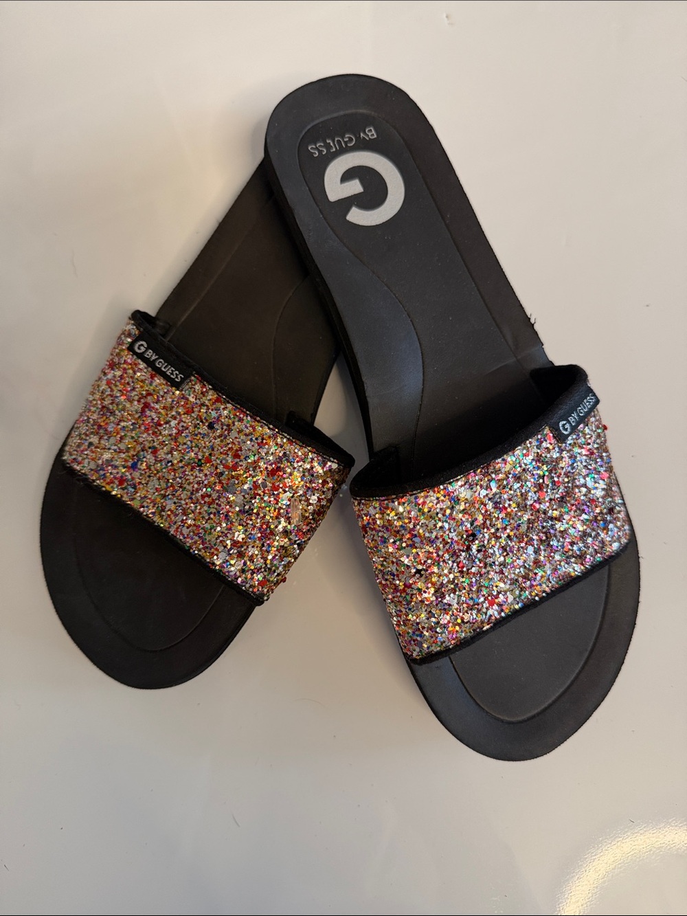 GUESS Black Slide Sandals with Multicolor Glitter Strap